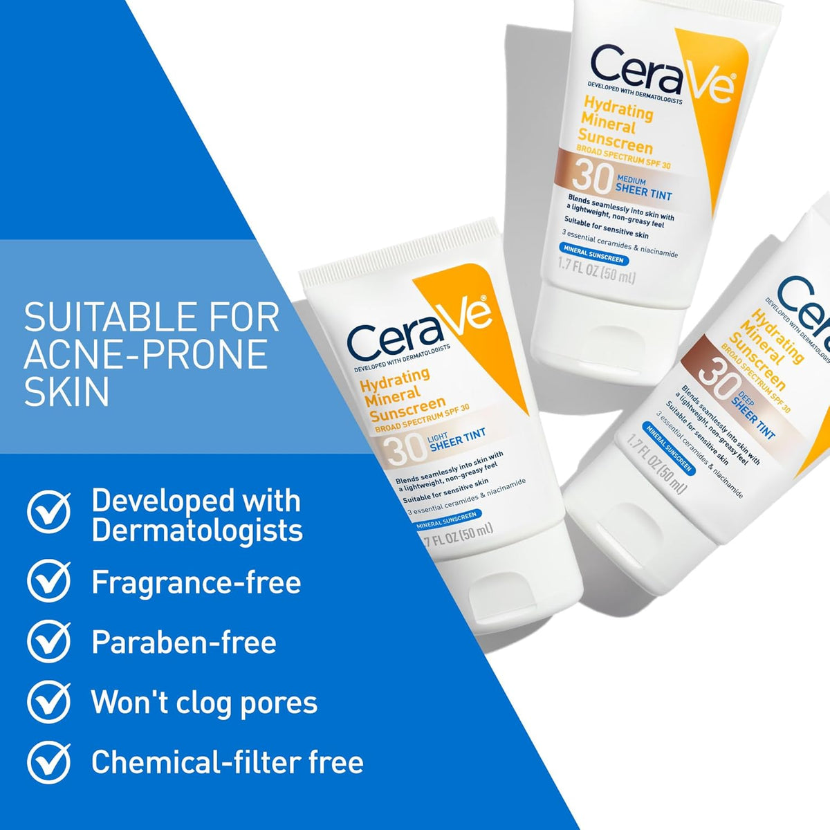 CeraVe Tinted Sunscreen for Face. Mineral SPF 30 Moisturizer. Deep. 1.7oz | Skin Care. Face Sunscreen. Hyaluronic Acid. Zinc Oxide. Titanium Dioxide. Sheer Tint. Healthy Glow. Blends Seamlessly